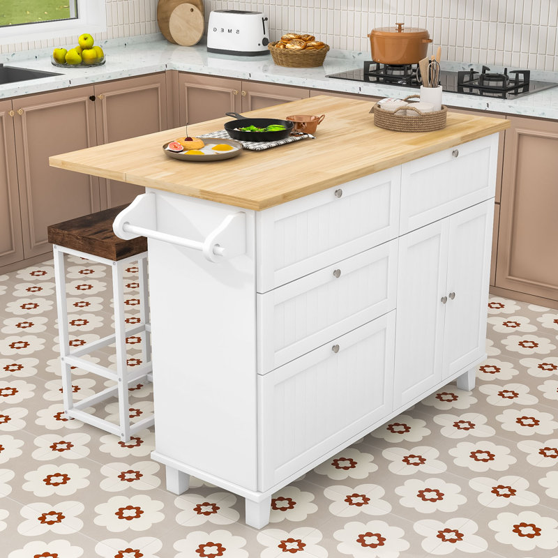 Adda Rustic Storage Kitchen Island Set with Expandable Drop-Leaf Tabletop and 2 Stools, White