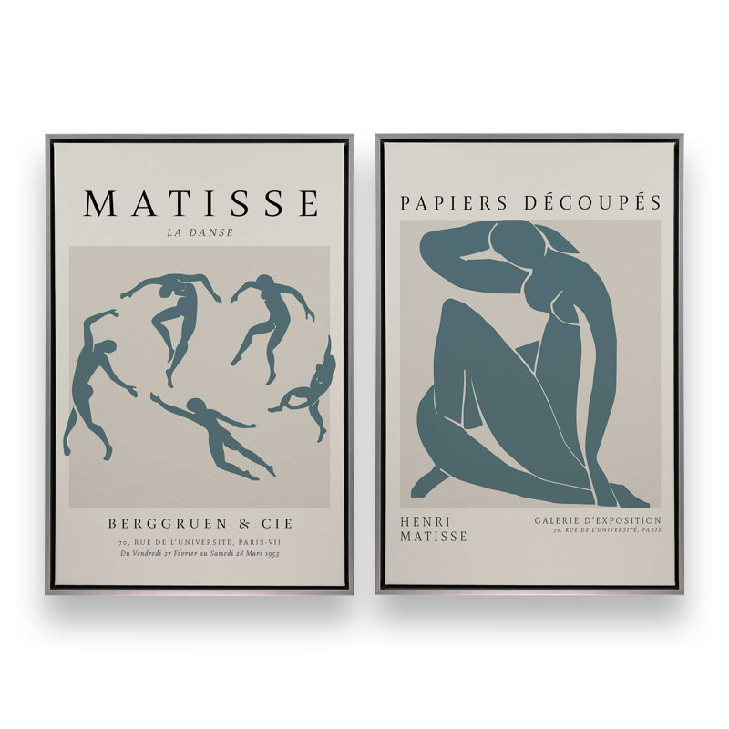 Ensemble de 2 Matisse La Danse et Midnight Blue Nude, H 19 po x l 26 po, Cadre flottant en chrome poli