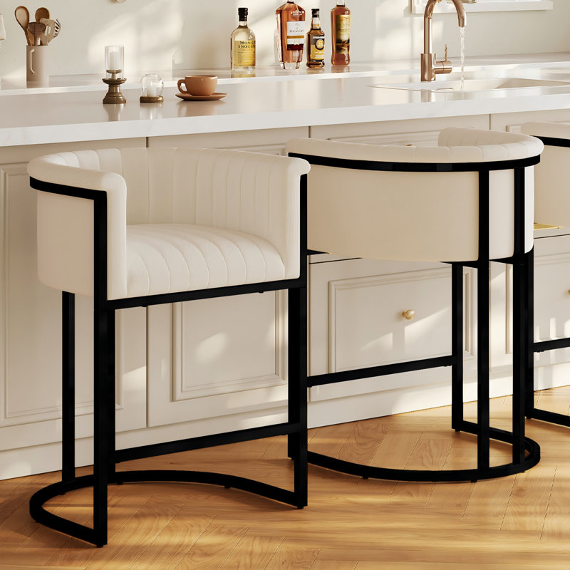 26" Counter Height Bar Stool Barrel Counter Stool With Backrest,Off White Fabric Linen Black Metal, Black, White Fabric