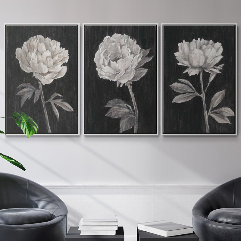 Fleurs noires et blanches I, ensemble de 3 toiles encadrées, Blanc, H 27 po x l 54 po