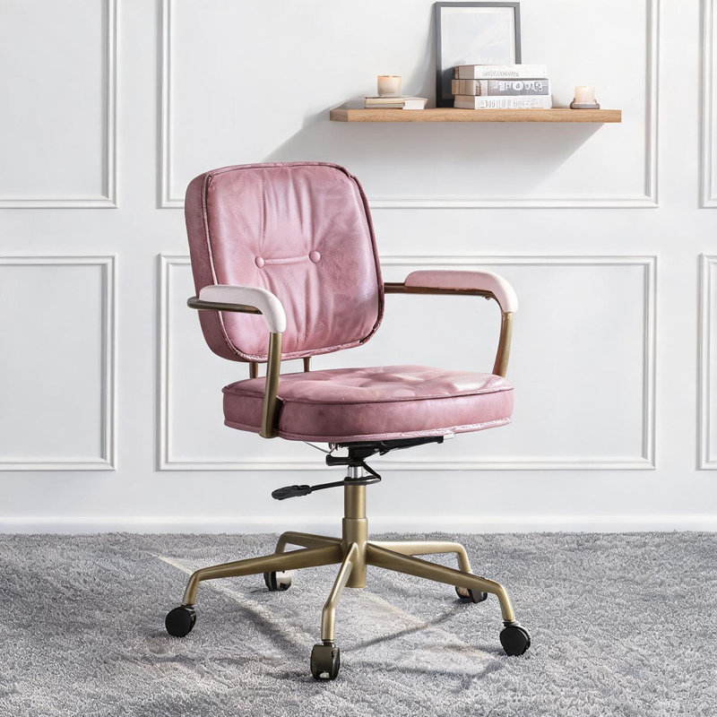 Soft Pink Genuine Leather Task Chair with Adjustable Height 360-Degree Swivel for Home Office Use