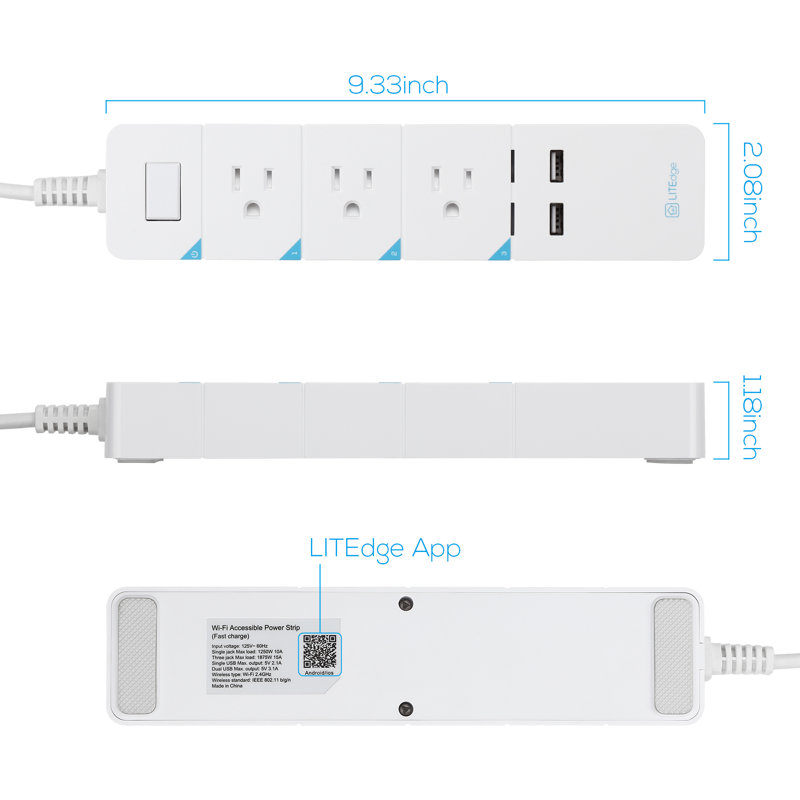 5.6ft Wi-Fi Accessible 3 AC Outlets 2 USB Ports Smart Power Strip