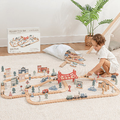 Comfy Cubs Wooden Train Set For Toddlers Ages 1+, Toddler Train Set With Wooden Toy Tracks - Creative Toy Town With Flexible Configuration