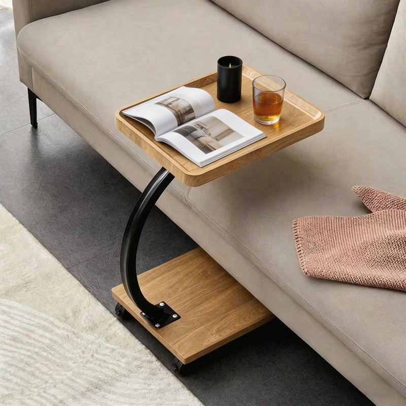 C Shaped Side Table Movable Sofa End Table Modern Coffee Table With Wheels For Small Spaces, Natural