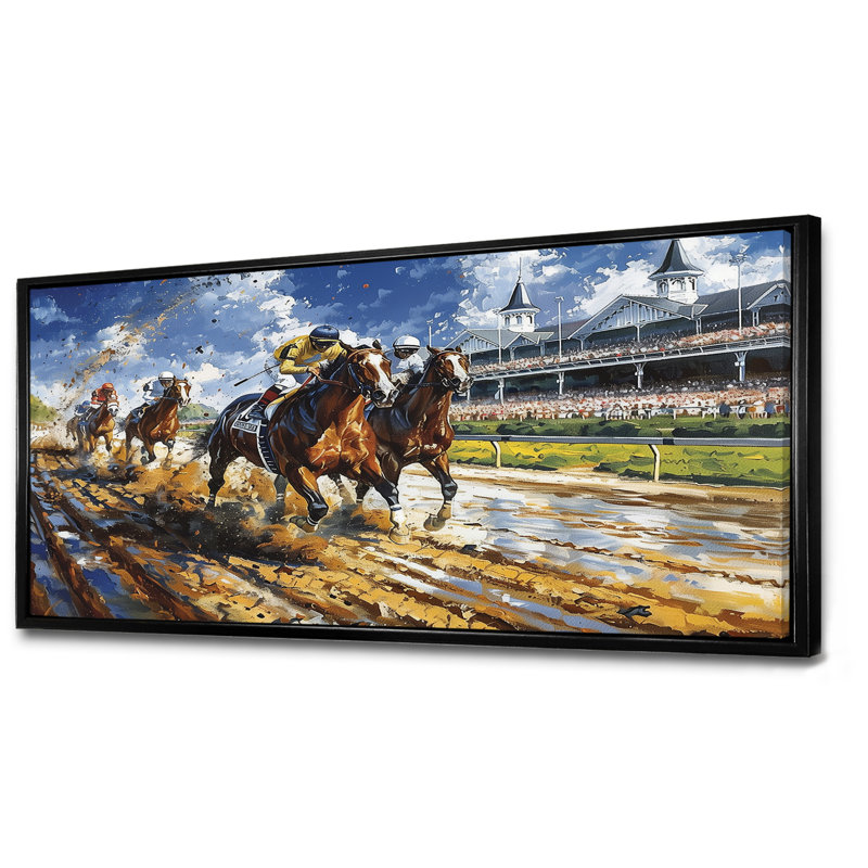Marlyin - course de chevaux, art mural, H 28 po x l 60 po x P 1,5 po, Cadre flottant noir
