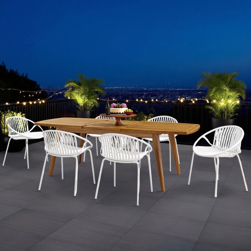 Modern 7-Piece Outdoor Dining Set - Extendable Acacia Table & Weather-Resistant Stackable Chairs, White