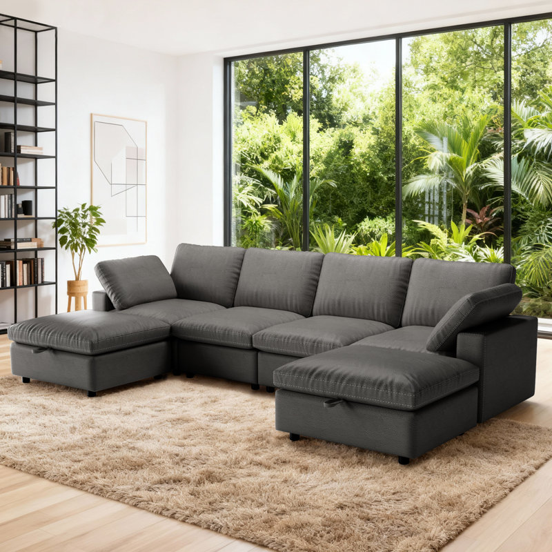130" Pu Modular Sectional Sofa Modern U Shaped Sectional Couch 6 Deep Seat Sofa Set For Living Room Sofa With Ottoman, Gray