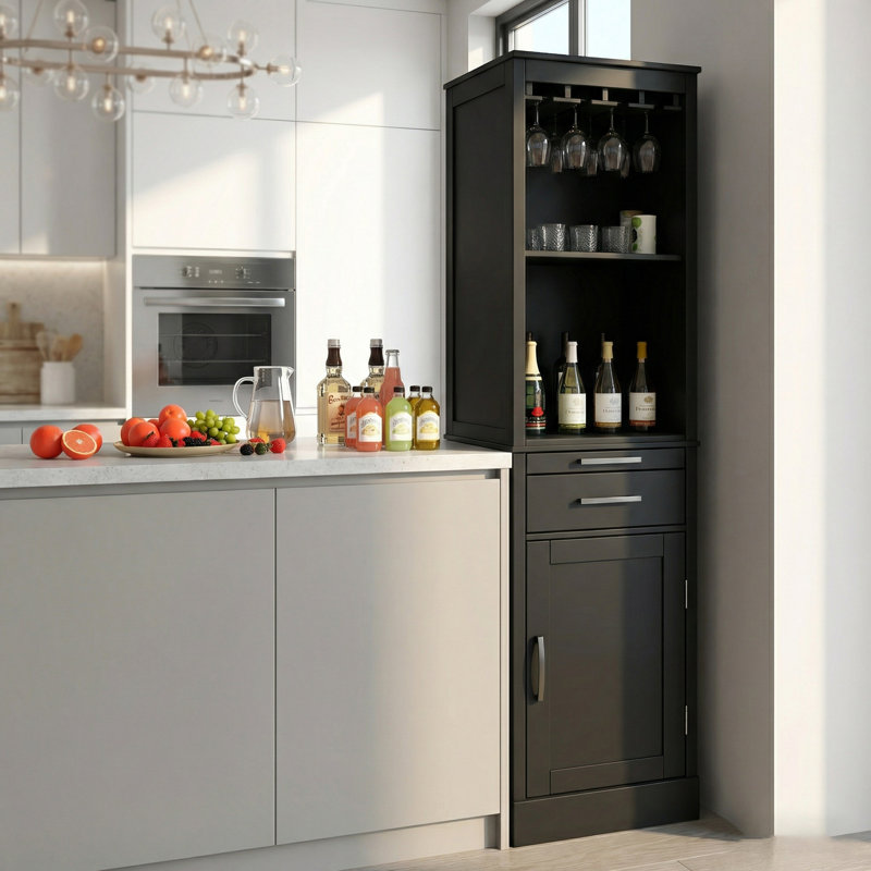 Armoire de rangement pour vin moderne et modulaire, organisateur autoportant 2 pièces avec tiroir, porte-verre à vin et tablette ouverte