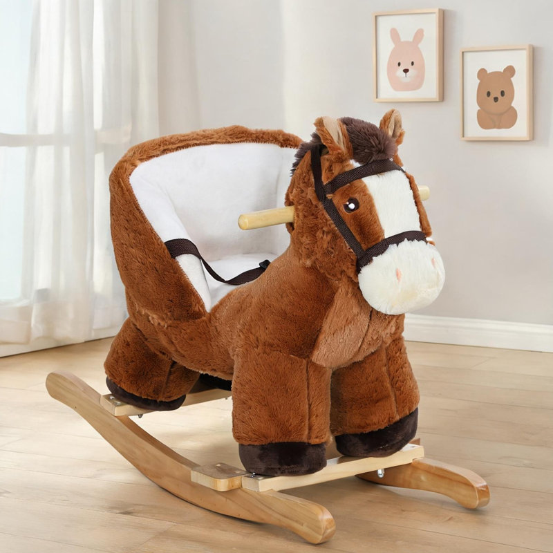 Cheval à bascule pour enfants avec son, polyester brun riche, base en bois, 26,8 x 13 x 17,7 pouces, capacité de 55 lb