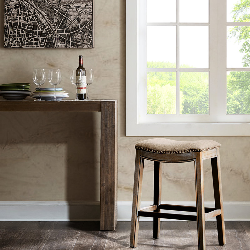 Tabouret de comptoir polyvalent avec pieds en bouleau et mousse cloutée, Brun, Lin lin