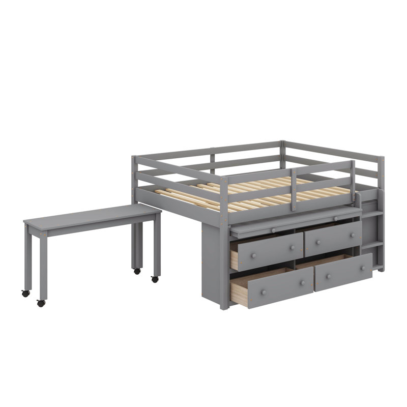 Lit surélevé en bois avec bureau latéral mobile 4 tiroirs et tablettes, Gris, Lit double