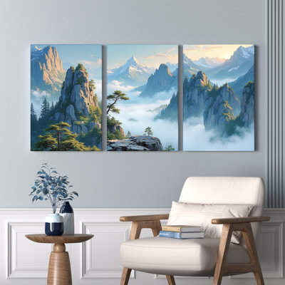 Mountain Landscape Canvas Wrapped Wall Art, Oil Painting Print (Set of 3)