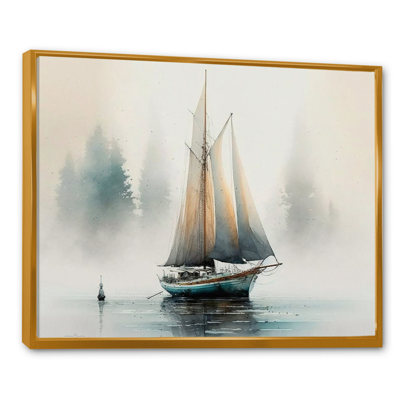 Voilier ancré - art sur toile de bateau côtier, H 24 po x l 32 po x P 1 po, Cadre flottant doré