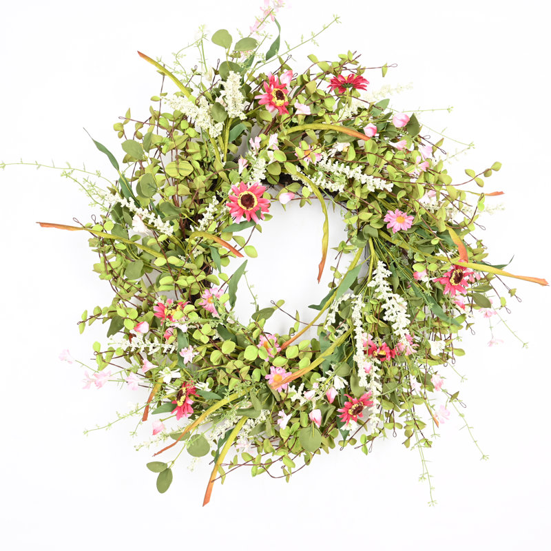 26" Artificial Farmhouse Twig Berry Blossoms Cluster Greenery Mini Eucalyptus Daisy Spring Summer Wreath For Front Door