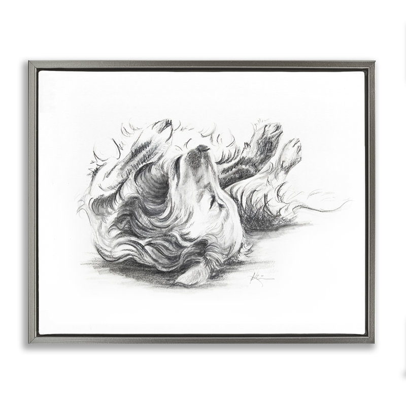 «Naptime Dog», dessin encadré gris sur toile flottante par Lindsay Kivi Fine Art, Cadre flottant gris lustré