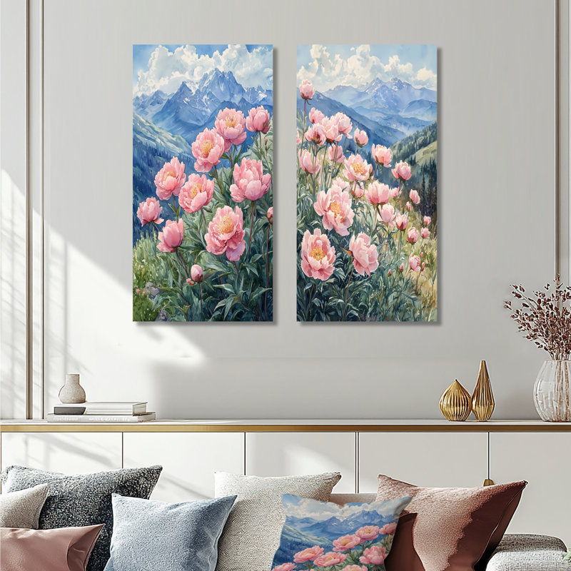 Pivoines dans la haute crête III - art mural floral 2 pièces, H 40 po x l 41 po, Toile tendue, Ne s'applique pas