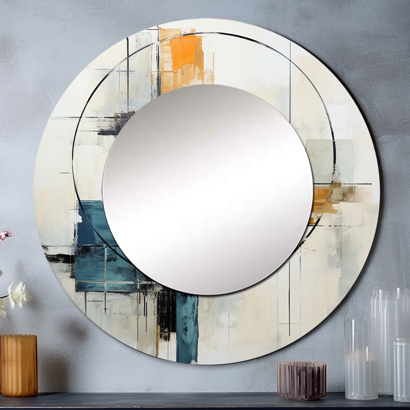 Beige minimaliste Patchwork VI - miroir décoratif minimaliste, miroir mural rond moderne, impression d'art en métal
