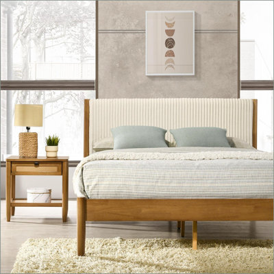 Ensemble de chambre à coucher, grand 2 pièces avec lit plateforme et amp; Table de chevet, brun noyer | Velours côtelé | Bois d'hévéa
