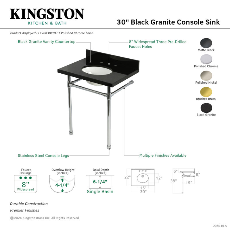 Kingston Brass Dreyfuss 30-Inch Black Granite Console Sink with Stainless Steel Legs (8-Inch, 3-Hole), Matte Black