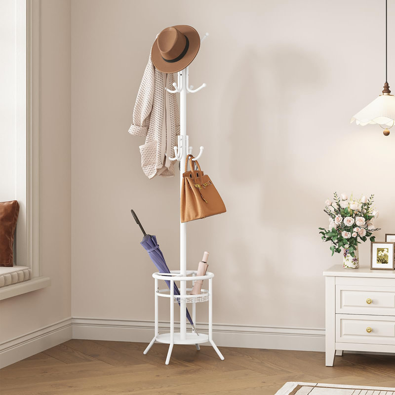 Freestanding Metal Coat Tree with 12 Hooks（Round）, White