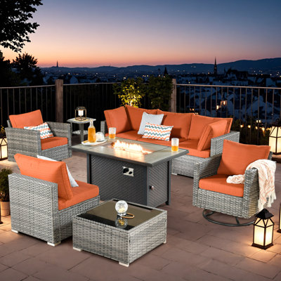 Ensemble de conversation en osier pour 6 personnes avec coussins, table de foyer et chaises berçantes pivotantes en osier