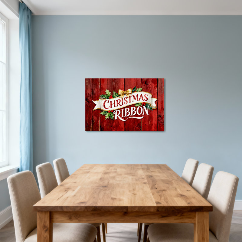Ruban de Noël rouge sur fond de bois rouge avec houx, H 12 po x l 18 po