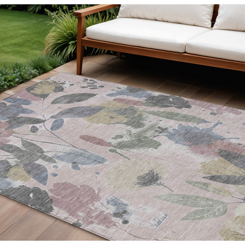 Tapis intérieur lavable floral 10 pi x 14 pi rosé et mauve