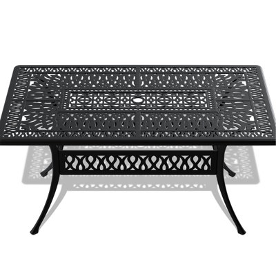 Table de salle à manger 59,56 x 33,79 po en fonte d'aluminium, noir, trou de parasol, antirouille, 6 places assises 59,56 x 33,79 po, structure noire, To Elements, 6 places assises