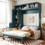 Grand lit mural avec tablettes, panneau, beige, peu encombrant pour les petites pièces polyvalentes, abaissement en douceur, contreplaqué intégré