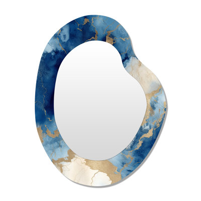 Blue and Gold Marble Clouds X - Fractals Asymmetrical Mirror, Blue Irregular Shape Decorative Wall Mirror, Printed Metal Art