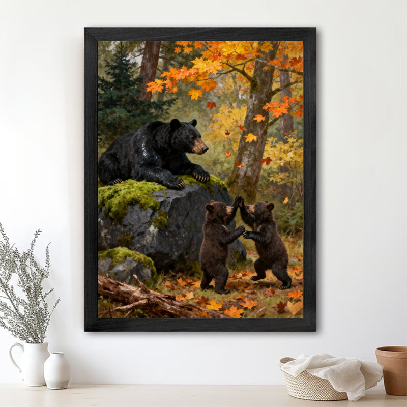 Reproduction d'art encadrée noire rétro The Black Bear Family, H 37 po x l 25 po