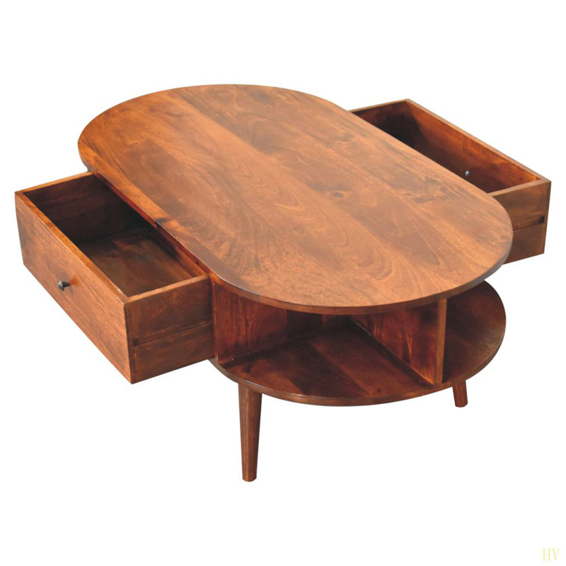 Table basse ovale en bois massif avec 1 tiroir