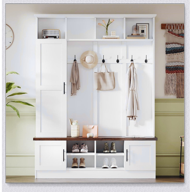 Portemanteau polyvalent 3-en-1 avec 6 crochets, banc de rangement en noyer de ferme avec tablettes réglables, portemanteau d'entrée de 55 pouces