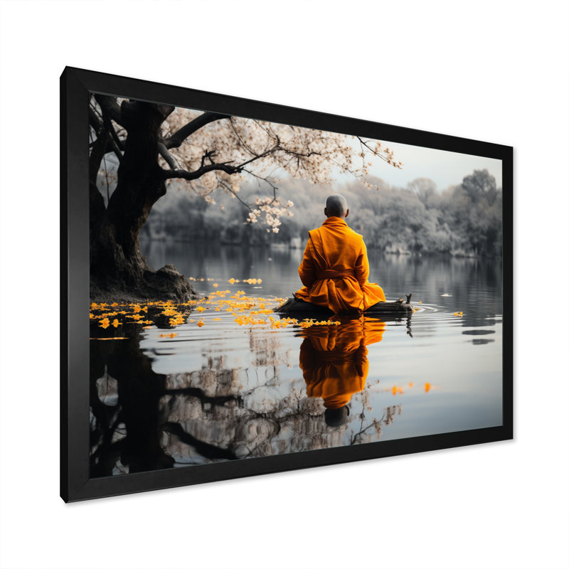Moine thaïlandais à réflexion silencieuse, Cadre simple noir, H 16 po x l 32 po x P 1 po