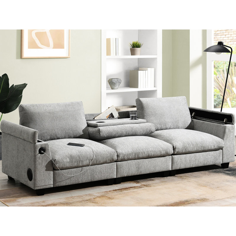 Élégant canapé en chenille avec porte-gobelets, rangement pour accoudoirs et table modulaire 96 po
