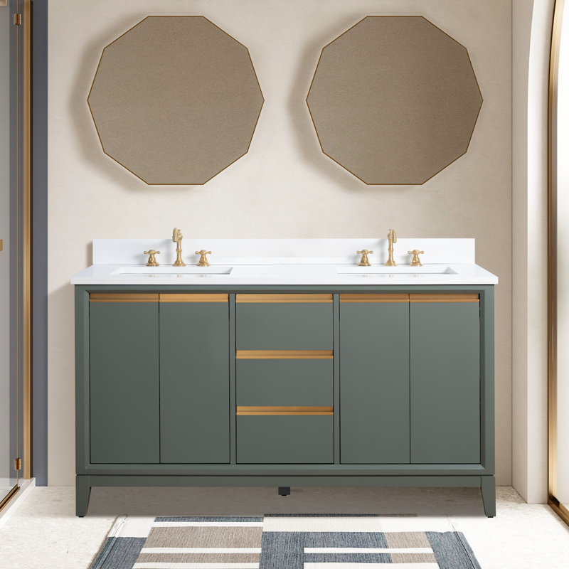 Meuble-lavabo double 60 po avec comptoir, Vert rétro, Lit double, 60"