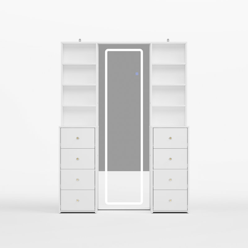 Meuble-lavabo de 47,2 po de largeur avec miroir à DEL pleine longueur, 8 tiroirs et tablettes ouvertes, coiffeuse avec éclairage 3 couleurs pour la chambre à coucher et le vestiaire