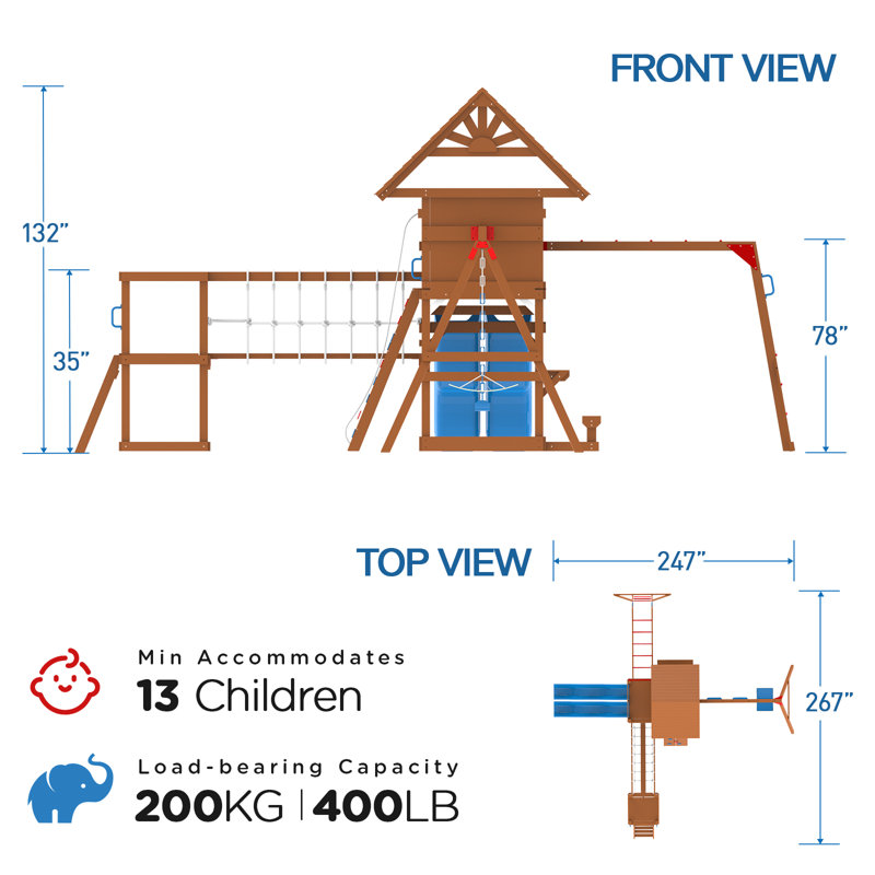 Dolphin Playground Luxury Cedar Playground Set: Double Wave Slide, 2-in-1 Table, Monkey Bars, Balance Beam, 3 Swings, Large Rock Wall, Wood Roof