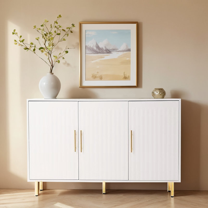 White 55" Sideboard with Gold Handles and Three Doors