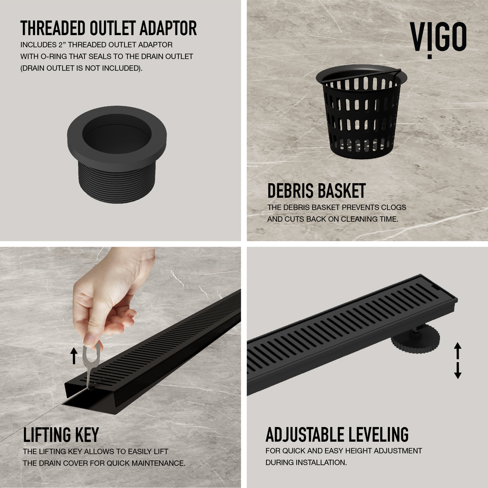 Elan Linear Grid Shower Drain, Matte Black