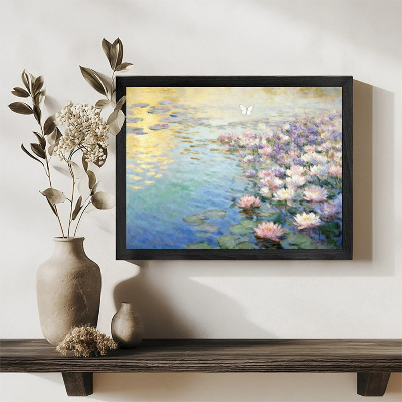 Reproduction d'art encadrée noire de fleurs de glycine rétro reflétée sur l'eau, H 11 po x l 9 po