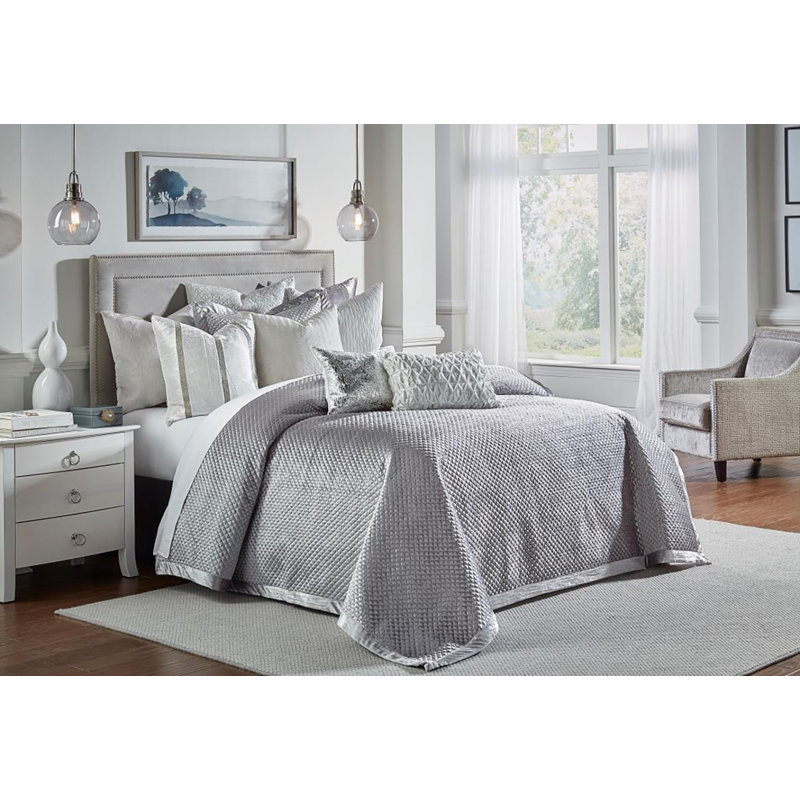 Ensemble de courtepointe en velours Suniga, Courtepointe pour très grand lit et 2 taies déco, gris