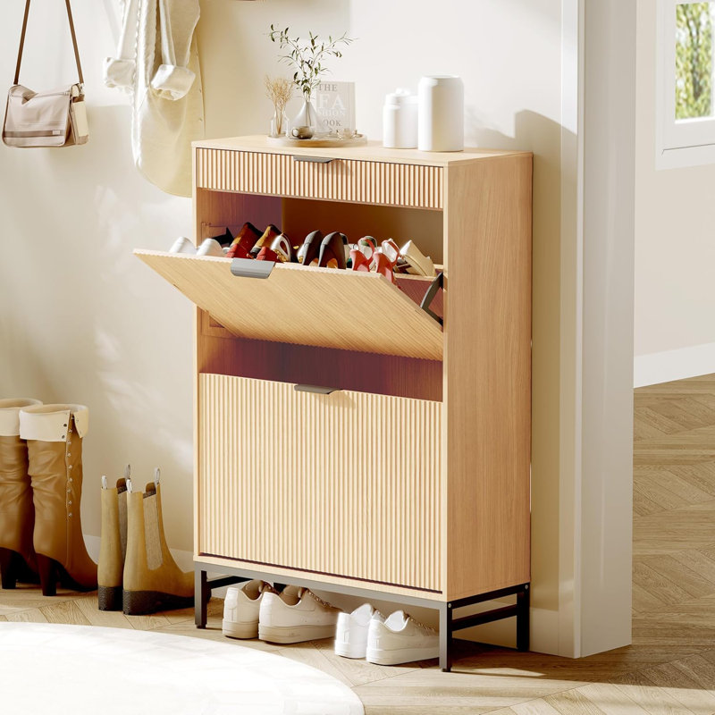 Homhougo Modern Fluted Shoe Cabinet with Drawers
