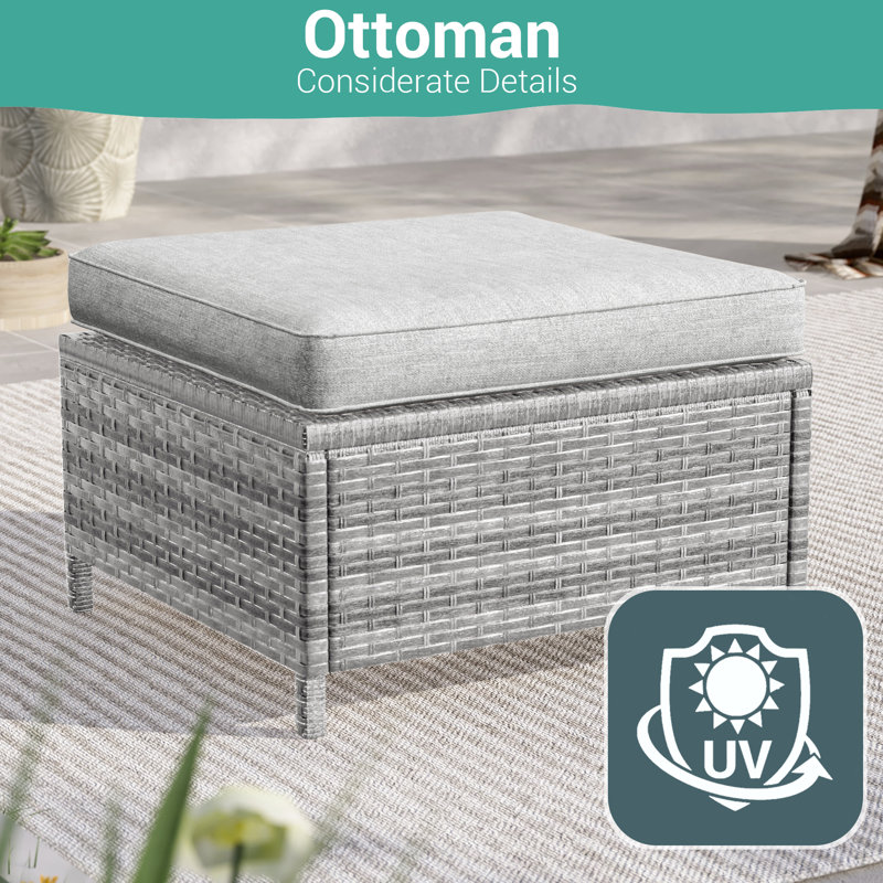 2 Piece Rattan Patio Ottoman with All Weather Wicker, Gray, Linen Gray