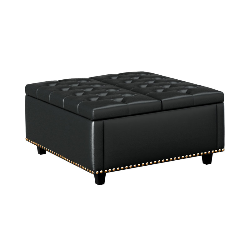 Grand rangement carré de style Mid-Century avec boutons, rangement moderne en similicuir noir, rembourrage confortable, Noir