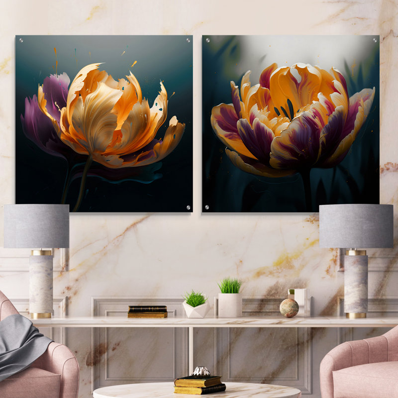 «Yellow Graceful Tulip I» - Ensemble de 2 tulipes murales en acrylique, H 16 po x l 33 po