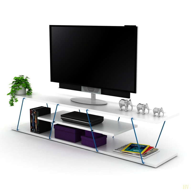 Mid Century Modern Tv Stand 4 Shelves Open Storage Metal Cords Entertainment Centre 56 Inch Low Tv Unit, White/Blue