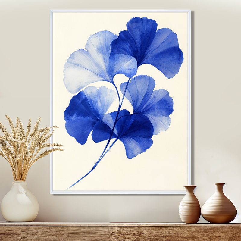 Feuilles de cobalt en éventail - Décoration murale encadrée Ginkgo, H 20 po x l 12 po, White Floater Framed