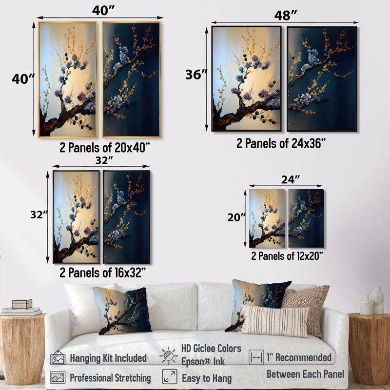 Branche de cerisier bleu I - paysages, bonsaï sur toile, 2 pièces, H 36 po x l 48 po, Noir