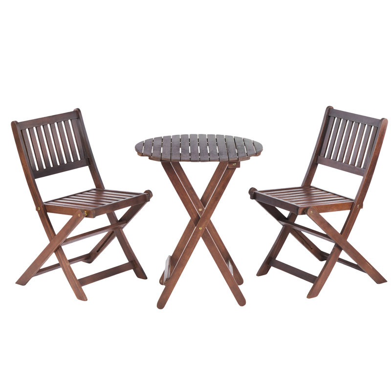 Wood 3 Bistro Patio - Folding Chairs & Coffee Table For Gardens, Backyards, Balconies, Porches, Elegant Brown Natural Stain Finish